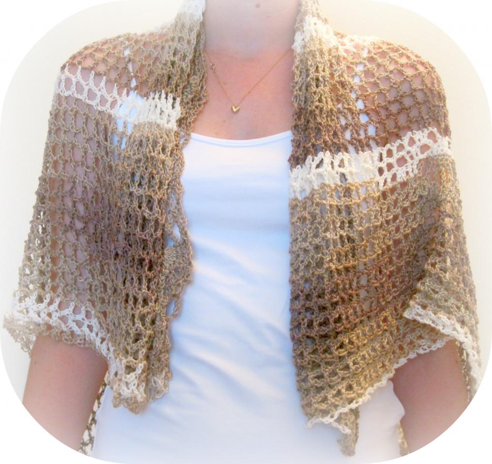 Crochet Cotton Shawl With Flowers, Handmade, Brown, Beige And White